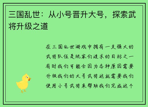 三国乱世：从小号晋升大号，探索武将升级之道